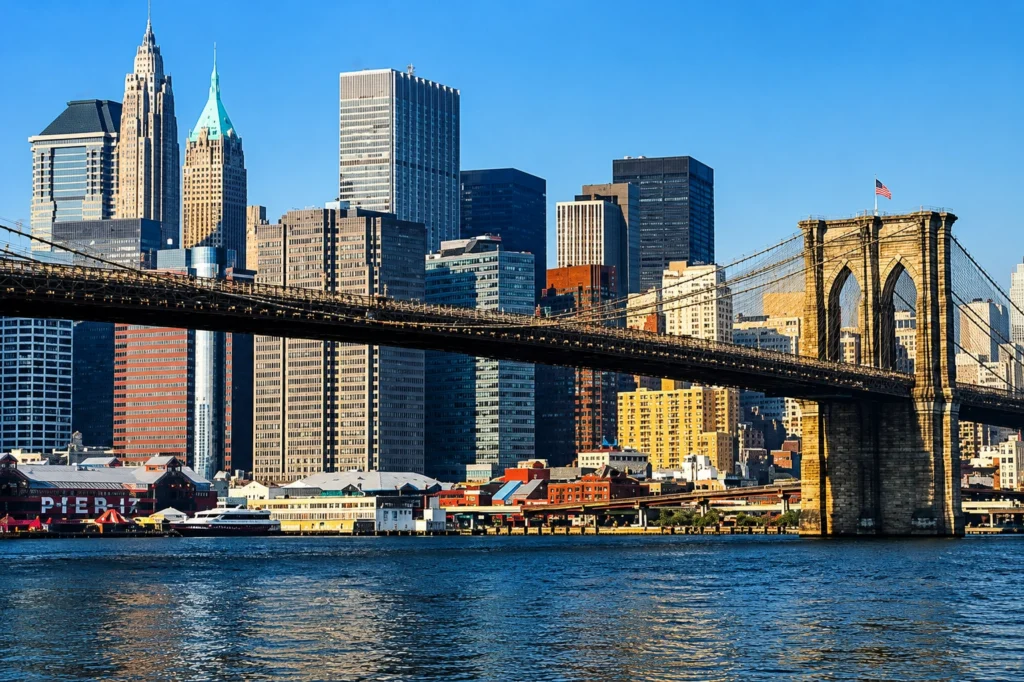 Brooklyn Bridge with New York City skyline.