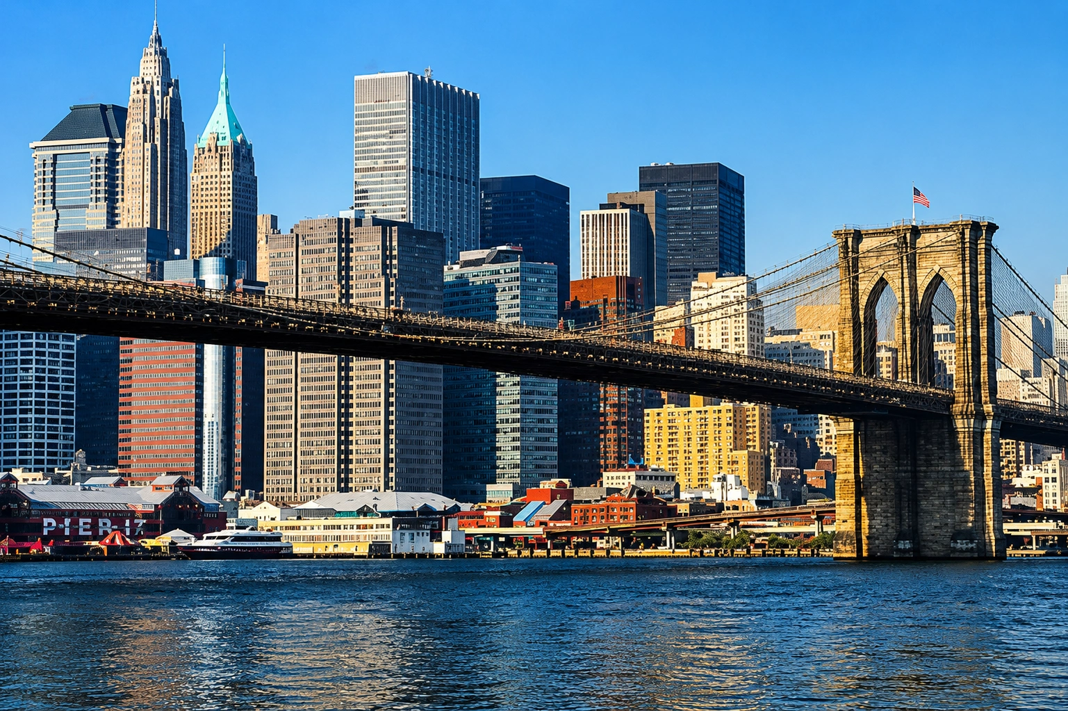 Brooklyn Bridge with New York City skyline.