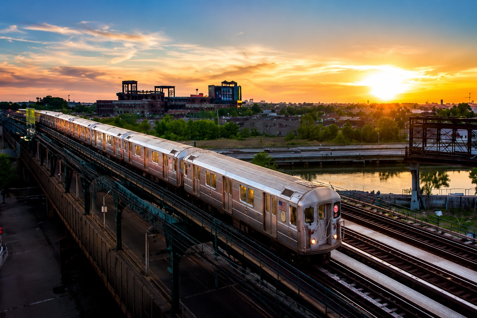 Train on elevated tracks during sunset.