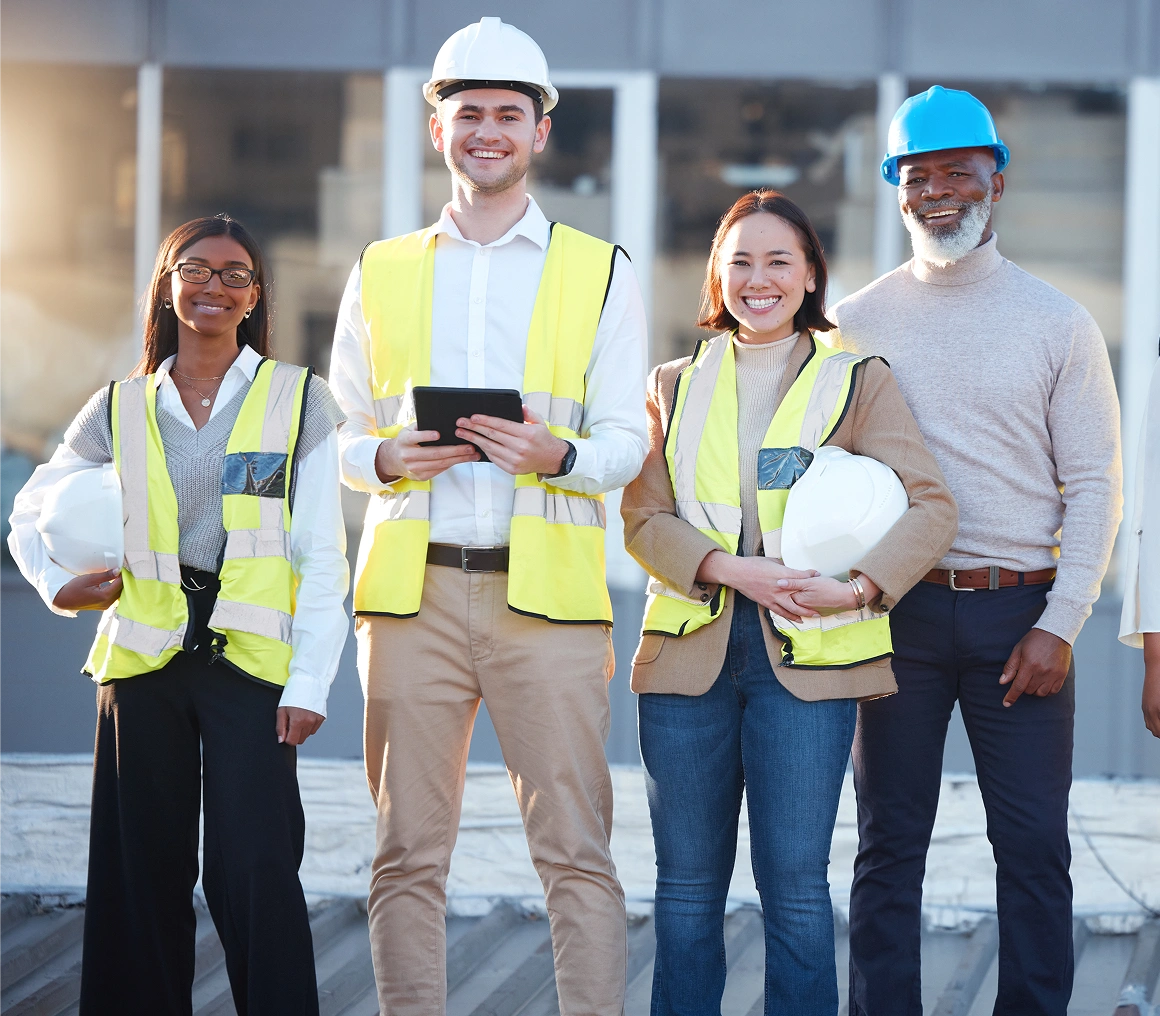 Four people in construction safety gear smiling.