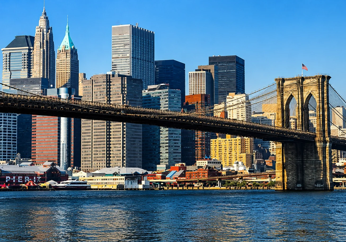 Brooklyn Bridge with New York City skyline.